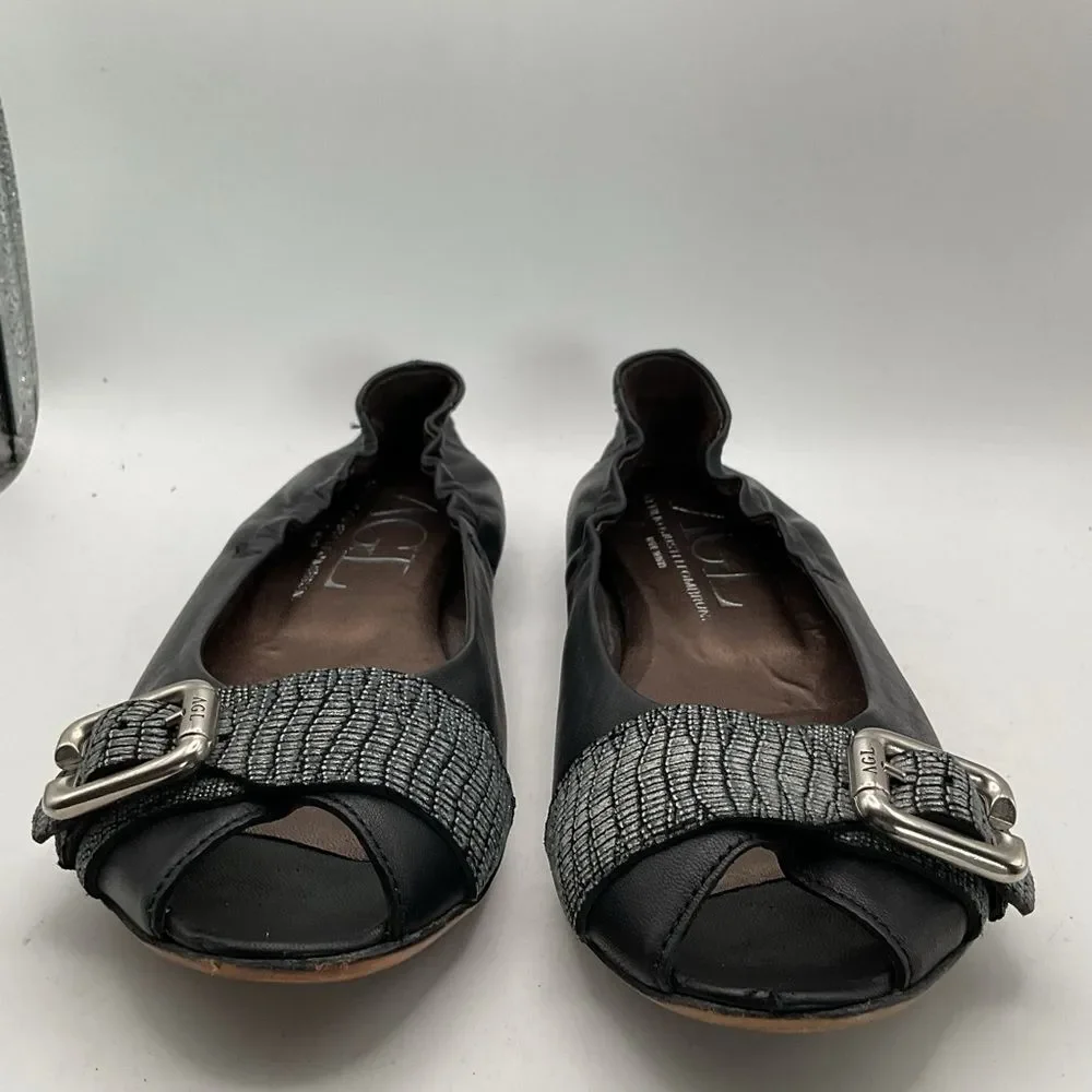 AGL ladies ballet flats shoes 38 1/2 us 8 1/2 black silver peep toe leather chic - Picture 3 of 13